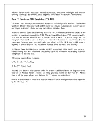 industry. Private funds introduced innovative products, investment techniques and investor-servicing 
technology. By 1994-95, about 11 private sector funds had launched their schemes. 
Phase IV. Growth and SEBI Regulation - 1996-2004: 
The mutual fund industry witnessed robust growth and stricter regulation from the SEBI after the 
year 1996. The mobilization of funds and the number of players operating in the industry reached 
new heights as investors started showing more interest in mutual funds. 
Investor‘s' interests were safeguarded by SEBI and the Government offered tax benefits to the 
investors in order to encourage them. SEBI (Mutual Funds) Regulations, 1996 was introduced by 
SEBI that set uniform standards for all mutual funds in India. The Union Budget in 1999 
exempted all dividend incomes in the hands of investors from income tax. Various Investor 
Awareness Programs were launched during this phase, both by SEBI and AMFI, with an 
objective to educate investors and make them informed about the mutual fund industry. 
In February 2003, the UTI Act was repealed and UTI was stripped of its Special legal status as a 
trust formed by an Act of Parliament. The primary objective behind this was to bring all mutual 
fund players on the same level. 
UTI was re-organized into two parts: 
1. The Specified Undertaking, 
2. The UTI Mutual Fund 
Presently Unit Trust of India operates under the name of UTI Mutual Fund and its past schemes 
(like US-64, Assured Return Schemes) are being gradually wound up. However, UTI Mutual 
Fund is still the largest player in the industry. In 1999, there was a significant 
Growth in mobilization of funds from investors and assets under management which is supported 
by the following data: 
20 
 