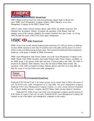 HDFC Mutual Fund: 
HDFC Mutual Fund has been one of the best performing mutual funds in the last few 
years. HDFC Asset Management Company Limited (AMC) functions as an Asset 
Management Company for the HDFC Mutual Fund. 
AMC is a joint venture between housing finance giant HDFC and British investment firm 
Standard Life Investments Limited. It conducts the operations of the Mutual Fund and 
manages assets of the schemes, including the schemes launched from time to time. As of Aug 
2006, the fund has assets of Rs.25,892 crores under management. 
HSBC Mutual Fund: 
HSBC is one of the world's leading banking giants and boasts of a 140-year history in banking 
services. HSBC operates in more than 70 countries across the globe and has assets of over $1.2 
trillion on the consolidated group balance sheet. The investment banking and fund management 
businesses of the group is handled by HSBC Investments. 
HSBC Asset Management India Private Limited acts as the Asset Management Company to the 
HSBC Mutual Fund. HSBC Securities and Capital Markets India Private Limited, an affiliate of 
the HSBC group, is the sponsor of the fund and owns 75 percent stake in the AMC. The AMC is 
headed by its chairman Niall S Booker, who is also the head of HSBC Bank in India. The 
operations of the AMC are headed by Sanjay Prakash, director and CEO. As of Aug 2006, the 
fund has assets of over Rs.10,684 crore under management. 
ICICI Prudential Mutual Fund: 
Prudential ICICI Mutual Fund is the largest private sector mutual fund in India with assets of 
over Rs.34,119 crore under management as of Aug 2006. The asset management company, 
Prudential ICICI Asset Management Company Limited, is a joint venture between Prudential 
Plc., Europe's leading insurance company and ICICI Bank, India's premier financial institution. 
Prudential Plc. holds 55 per cent of the asset management company and the balance by 
ICICI Bank. In a span of just over six years, Prudential ICICI Asset Management Company has 
emerged as one of the largest asset management companies in the country. 
37 
 