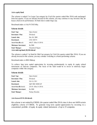 Axis equity fund 
The scheme is ranked 2 in Large Cap category by Crisil (for quarter ended Mar 2014) rank unchanged 
from last quarter. If you are already invested in this scheme, you may continue to stay invested. But, do 
keep a check on its performance. Its fund class is under large cap. 
Benchmark index is S & P CNX Nifty. 
Scheme details 
Fund Type Open-Ended 
Investment Plan Dividend 
Launch date Dec 08, 2009 
Benchmark CNX NIFTY 
Asset Size (Rs cr) 644.27 (Mar-31-2014) 
Minimum Investment Rs.5000 
Fund Manager Chandresh Nigam 
Axis mid cap fund (D) Dividend 
The scheme is ranked 3 in Small & Mid Cap category by Crisil (for quarter ended Mar 2014). If you are 
already invested in this scheme, you may consider switching to a better performing scheme. 
Benchmark index is BSE-Midcap 
To achieve long term capital appreciation by investing predominantly in equity & equity related 
instruments of mid-size companies. The focus of the fund would be to invest in relatively larger 
companies within this category. 
Scheme details 
Fund Type Open-Ended 
Investment Plan Dividend 
Launch date Feb 14, 2011 
Benchmark S&P BSE MIDCAP 
Asset Size (Rs in cr) 255.45 (Mar-31-2014) 
Minimum Investment Rs.5000 
Fund Manager Pankaj Murarka 
Axis focused 25 D (Dividend) 
this scheme is not ranked by CRISIL (for quarter ended Mar 2014) since it does not fulfill certain 
eligibility criteria of CRISIL. To generate long term capital appreciation by investing in a 
concentrated portfolio of equity & equity related instruments of up to 25 companies. 
9 
 