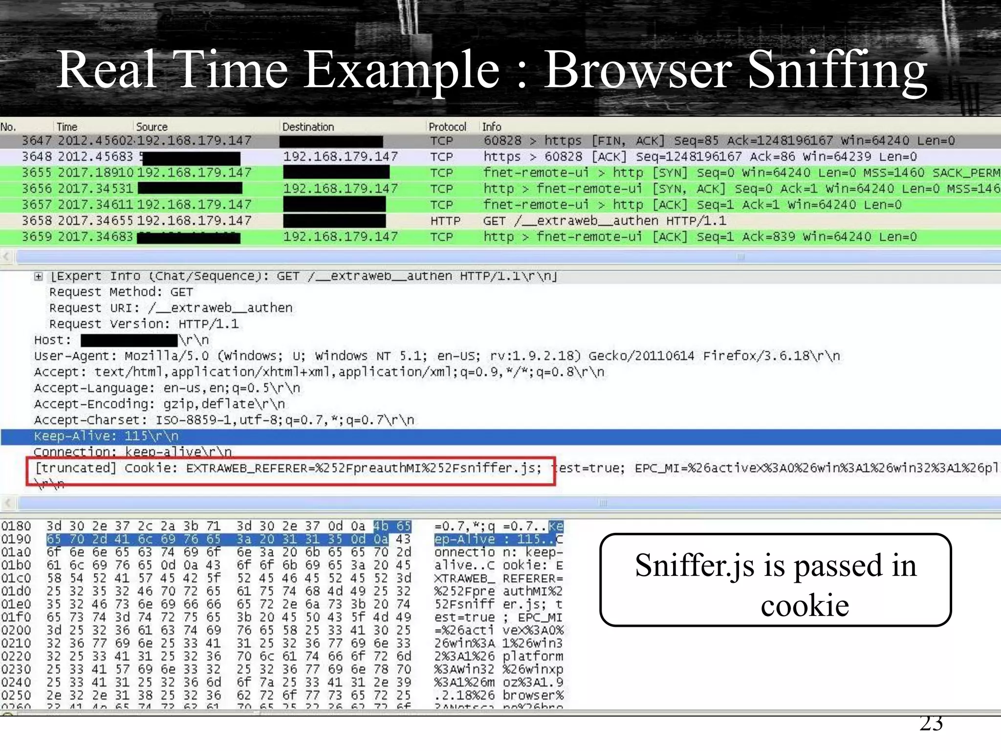 Real Time Example : Browser Sniffing




                       Sniffer.js is passed in
                                  cookie


                                                 23
 