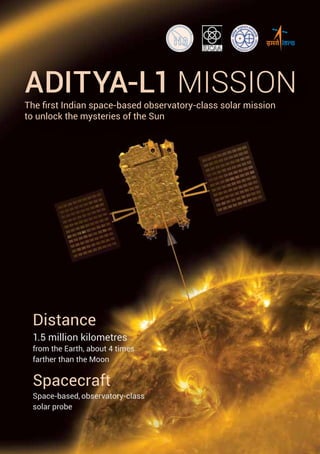 1.5 million kilometres
from the Earth, about 4 times
farther than the Moon
Distance
Space-based, observatory-class
solar probe
Spacecraft
ADITYA-L1 MISSION
The ﬁrst Indian space-based observatory-class solar mission
to unlock the mysteries of the Sun
 