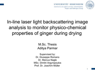 In-line laser light backscattering image
 analysis to monitor physico-chemical
   properties of ginger during drying

                M.Sc. Thesis
                Aditya Parmar
                  Supervised by:
              Dr. Giuseppe Romano
                Dr. Marcus Nagle
             MSc. Dimitri Argyropoulos
             Prof. Dr. Joachim Müller
                                         1
 