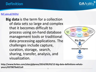 Definition
Big datais the term for a collection
of data sets so large and complex
that it becomes difficult to
process using on-hand database
management tools or traditional
data processing applications. The
challenges include capture,
curation, storage, search,
sharing, transfer, analysis, and
visualization.
http://www.forbes.com/sites/gilpress/2014/09/03/12-big-data-definitions-whats-
yours/#379879e621a9
Ref: goo.gl/iWZhjJ
 