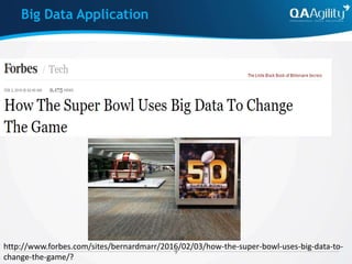 Big Data Application
http://www.forbes.com/sites/bernardmarr/2016/02/03/how-the-super-bowl-uses-big-data-to-
change-the-game/?
 