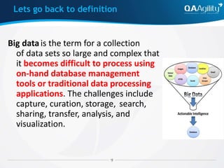 Lets go back to definition
Big datais the term for a collection
of data sets so large and complex that
it becomes difficult to process using
on-hand database management
tools or traditional data processing
applications. The challenges include
capture, curation, storage, search,
sharing, transfer, analysis, and
visualization.
 