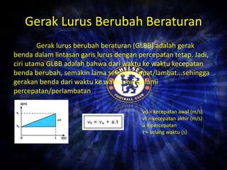 Gerak Lurus Berubah Beraturan 
Gerak lurus berubah beraturan (GLBB) adalah gerak 
benda dalam lintasan garis lurus dengan percepatan tetap. Jadi, 
ciri utama GLBB adalah bahwa dari waktu ke waktu kecepatan 
benda berubah, semakin lama semakin cepat/lambat...sehingga 
gerakan benda dari waktu ke waktu mengalami 
percepatan/perlambatan 
vo = kecepatan awal (m/s) 
vt = kecepatan akhir (m/s) 
a = percepatan 
t = selang waktu (s) 
 