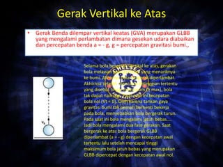Gerak Vertikal ke Atas 
• Gerak Benda dilempar vertikal keatas (GVA) merupakan GLBB 
yang mengalami perlambatan dimana gesekan udara diabaikan 
dan percepatan benda a = - g, g = percepatan gravitasi bumi., 
Selama bola bergerak vertikal ke atas, gerakan 
bola melawan gaya gravitasi yang menariknya 
ke bumi. Akhirnya bola bergerak diperlambat. 
Akhirnya setelah mencapai ketinggian tertentu 
yang disebut tinggi maksimum (h max), bola 
tak dapat naik lagi. Pada saat ini kecepatan 
bola nol (Vt = 0). Oleh karena tarikan gaya 
gravitasi bumi tak pernah berhenti bekerja 
pada bola, menyebabkan bola bergerak turun. 
Pada saat ini bola mengalami jatuh bebas.... 
Jadi bola mengalami dua fase gerakan. Saat 
bergerak ke atas bola bergerak GLBB 
diperlambat (a = - g) dengan kecepatan awal 
tertentu lalu setelah mencapai tinggi 
maksimum bola jatuh bebas yang merupakan 
GLBB dipercepat dengan kecepatan awal nol. 
 