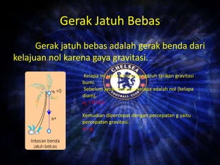 Gerak Jatuh Bebas 
Gerak jatuh bebas adalah gerak benda dari 
kelajuan nol karena gaya gravitasi. 
Kelapa ini jatuh karena pengaruh tarikan gravitasi 
bumi. 
Sebelum jatuh kelajuan kelapa adalah nol (kelapa 
diam), 
v0 = 0 m/s 
Kemudian dipercepat dengan percepatan g yaitu 
percepatan gravitasi. 
a = g 
 