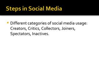 Different categories of social media usage: Creators, Critics, Collectors, Joiners, Spectators, Inactives. 