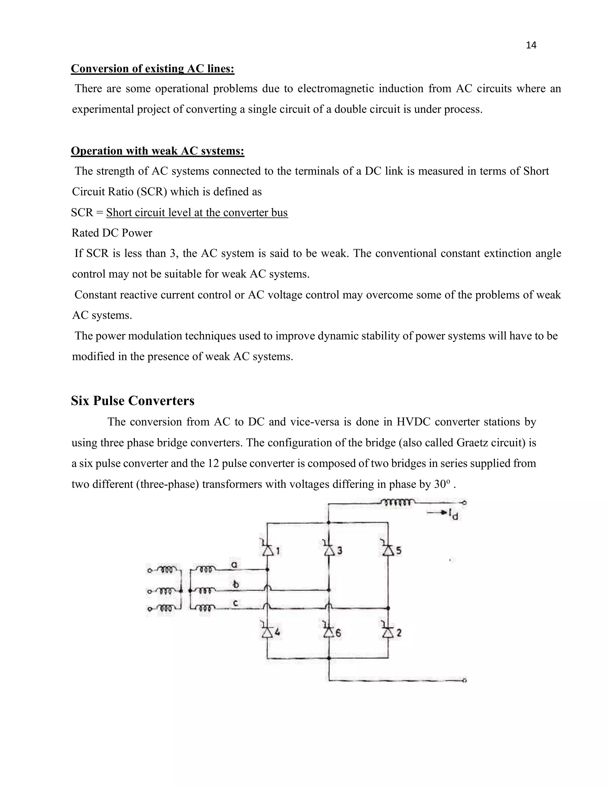 14
Conversion of existing AC lines:
There are some operational problems due to electromagnetic induction from AC circuits where an
experimental project of converting a single circuit of a double circuit is under process.
Operation with weak AC systems:
The strength of AC systems connected to the terminals of a DC link is measured in terms of Short
Circuit Ratio (SCR) which is defined as
SCR = Short circuit level at the converter bus
Rated DC Power
If SCR is less than 3, the AC system is said to be weak. The conventional constant extinction angle
control may not be suitable for weak AC systems.
Constant reactive current control or AC voltage control may overcome some of the problems of weak
AC systems.
The power modulation techniques used to improve dynamic stability of power systems will have to be
modified in the presence of weak AC systems.
Six Pulse Converters
The conversion from AC to DC and vice-versa is done in HVDC converter stations by
using three phase bridge converters. The configuration of the bridge (also called Graetz circuit) is
a six pulse converter and the 12 pulse converter is composed of two bridges in series supplied from
two different (three-phase) transformers with voltages differing in phase by 30o
.
 