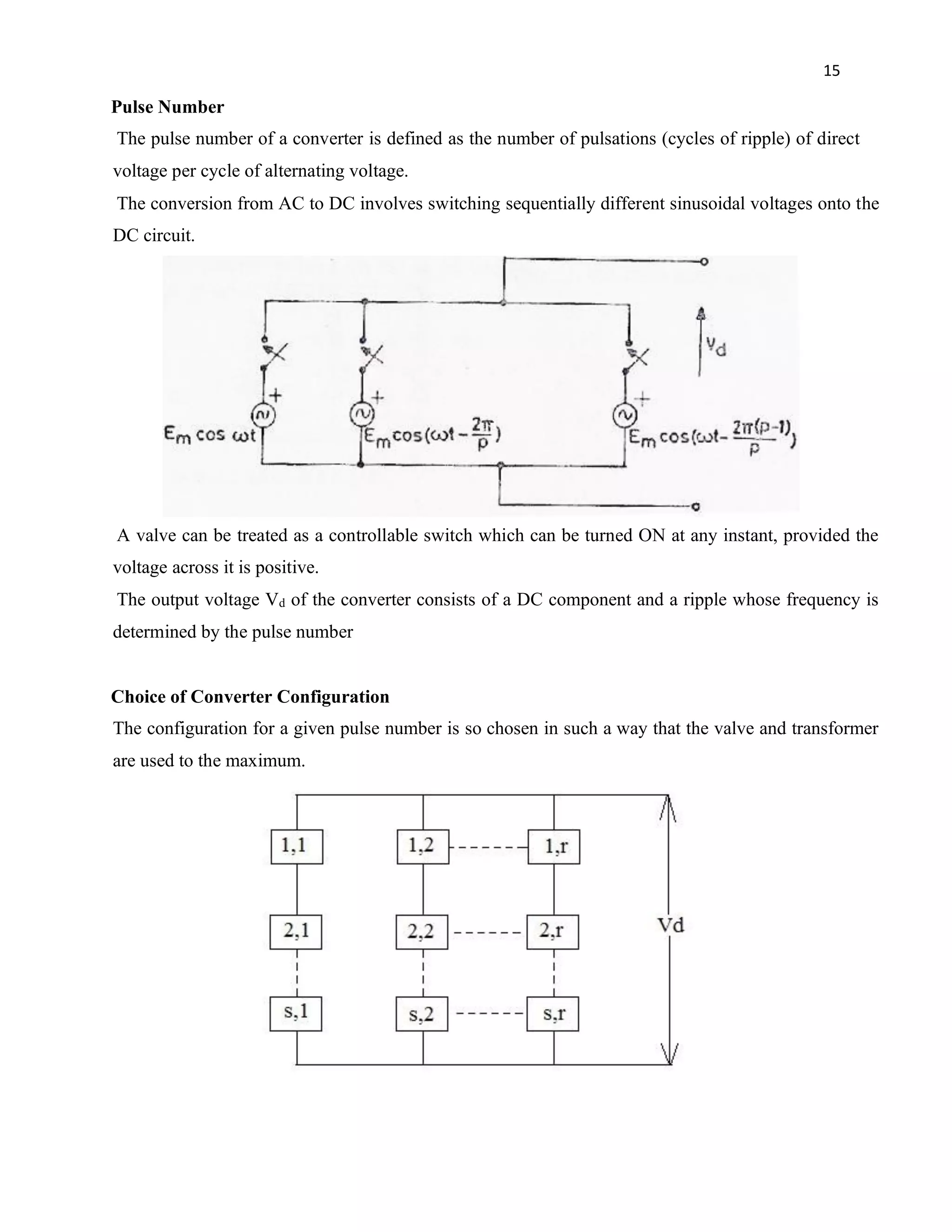 15
Pulse Number
The pulse number of a converter is defined as the number of pulsations (cycles of ripple) of direct
voltage per cycle of alternating voltage.
The conversion from AC to DC involves switching sequentially different sinusoidal voltages onto the
DC circuit.
A valve can be treated as a controllable switch which can be turned ON at any instant, provided the
voltage across it is positive.
The output voltage Vd of the converter consists of a DC component and a ripple whose frequency is
determined by the pulse number
Choice of Converter Configuration
The configuration for a given pulse number is so chosen in such a way that the valve and transformer
are used to the maximum.
 