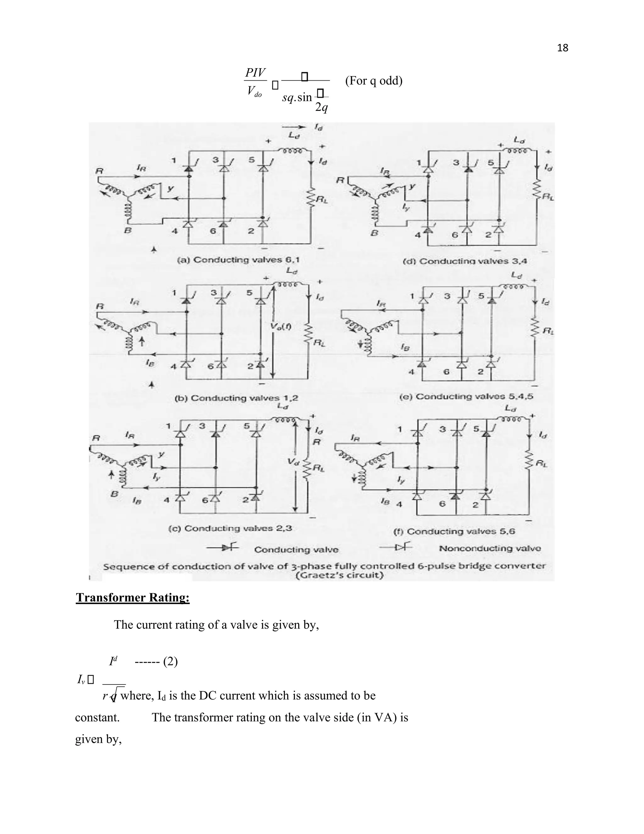 18
The current rating of a valve is given by,
Id
------ (2)
Iv
r q where, Id is the DC current which is assumed to be
constant. The transformer rating on the valve side (in VA) is
given by,
q
sq
V
PIV
do
2
sin
.
(For q odd)
Transformer Rating:
 