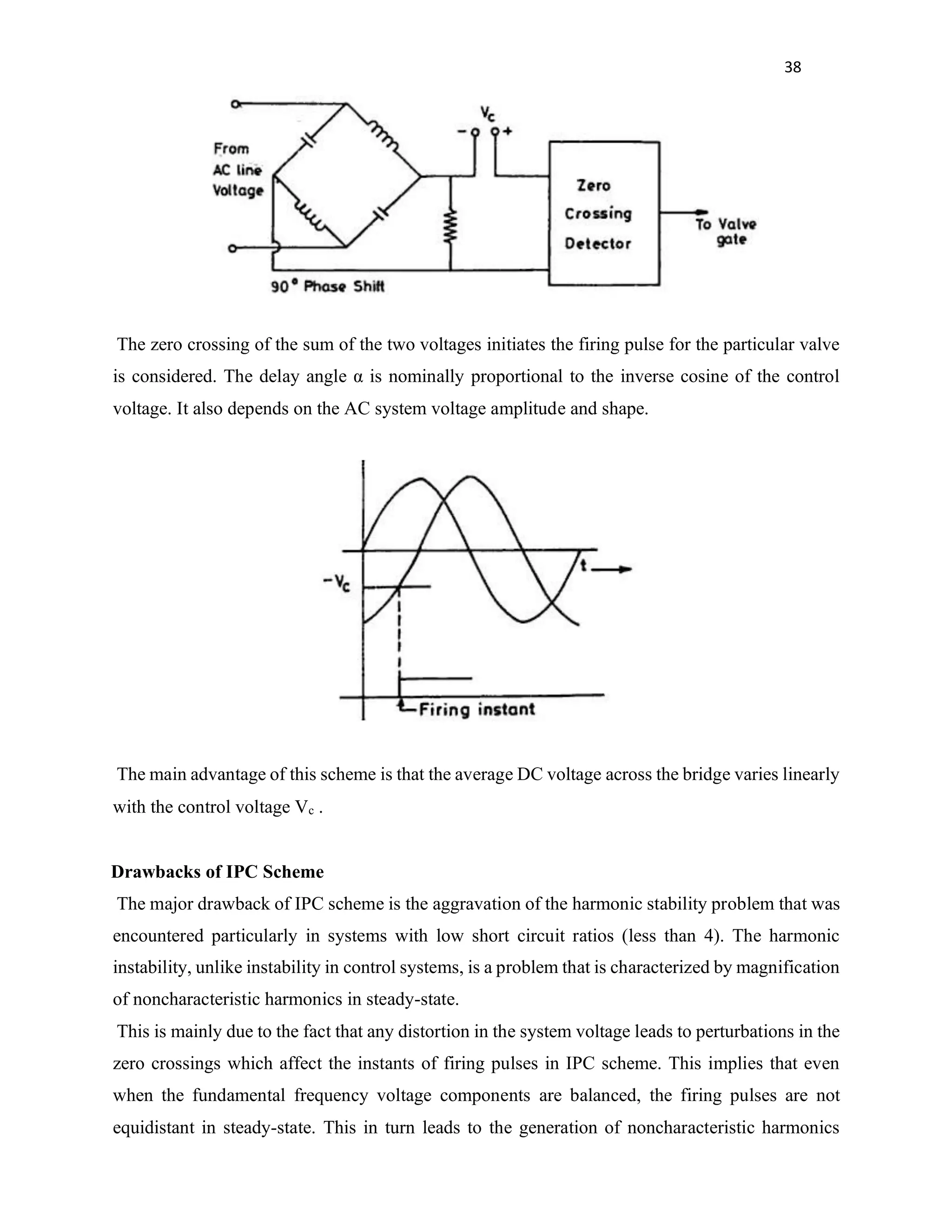 38
The zero crossing of the sum of the two voltages initiates the firing pulse for the particular valve
is considered. The delay angle α is nominally proportional to the inverse cosine of the control
voltage. It also depends on the AC system voltage amplitude and shape.
The main advantage of this scheme is that the average DC voltage across the bridge varies linearly
with the control voltage Vc .
Drawbacks of IPC Scheme
The major drawback of IPC scheme is the aggravation of the harmonic stability problem that was
encountered particularly in systems with low short circuit ratios (less than 4). The harmonic
instability, unlike instability in control systems, is a problem that is characterized by magnification
of noncharacteristic harmonics in steady-state.
This is mainly due to the fact that any distortion in the system voltage leads to perturbations in the
zero crossings which affect the instants of firing pulses in IPC scheme. This implies that even
when the fundamental frequency voltage components are balanced, the firing pulses are not
equidistant in steady-state. This in turn leads to the generation of noncharacteristic harmonics
 