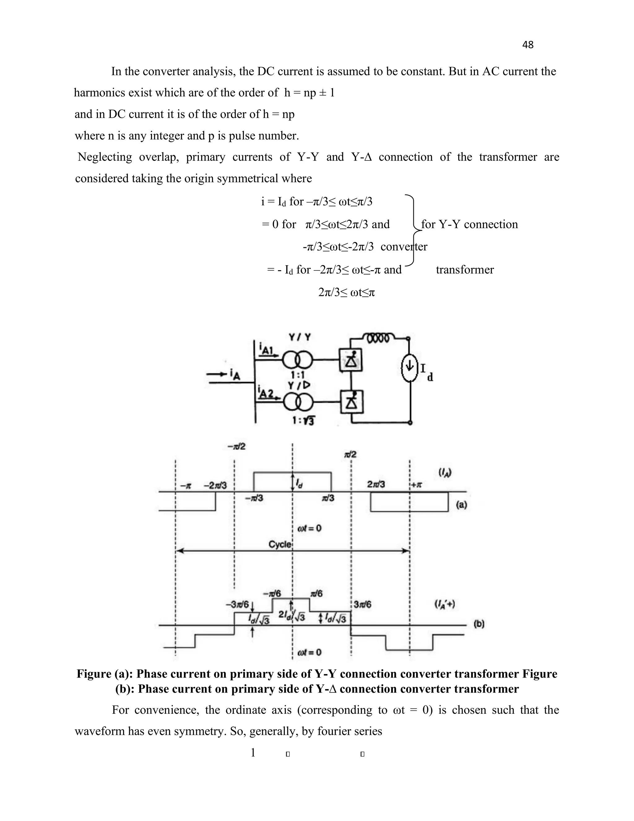 48
In the converter analysis, the DC current is assumed to be constant. But in AC current the
harmonics exist which are of the order of h = np ± 1
and in DC current it is of the order of h = np
where n is any integer and p is pulse number.
Neglecting overlap, primary currents of Y-Y and Y-∆ connection of the transformer are
considered taking the origin symmetrical where
i = Id for –π/3≤ ωt≤π/3
= 0 for π/3≤ωt≤2π/3 and for Y-Y connection
-π/3≤ωt≤-2π/3 converter
= - Id for –2π/3≤ ωt≤-π and transformer
2π/3≤ ωt≤π
Figure (a): Phase current on primary side of Y-Y connection converter transformer Figure
(b): Phase current on primary side of Y-∆ connection converter transformer
For convenience, the ordinate axis (corresponding to ωt = 0) is chosen such that the
waveform has even symmetry. So, generally, by fourier series
1
 