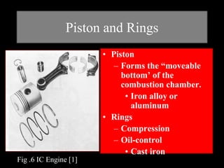 Piston and Rings
• Piston
– Forms the “moveable
bottom’ of the
combustion chamber.
• Iron alloy or
aluminum
• Rings
– Compression
– Oil-control
• Cast iron
Fig .6 IC Engine [1]
 