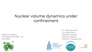 Nuclear volume dynamics under
confinement
Aditya S Kulkarni
AIV Master M1 (2018 - 19)
CRI, Paris
PI - Matthieu Piel
Co-supervisors :
Damien Cuvelier
Nishit Srivastava
UMR144 – Equipe Piel
 