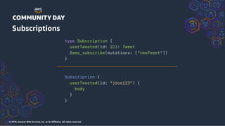 © 2018, Amazon Web Services, Inc. or its Affiliates. All rights reserved.
Subscriptions
type Subscription {
userTweeted(id: ID): Tweet
@aws_subscribe(mutations: ["newTweet"])
}
Subscription {
userTweeted(id: "jdoe123") {
body
}
}
 