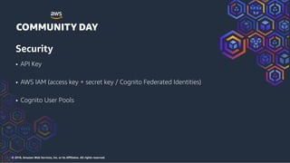 © 2018, Amazon Web Services, Inc. or its Affiliates. All rights reserved.
• API Key
• AWS IAM (access key + secret key / Cognito Federated Identities)
• Cognito User Pools
Security
 