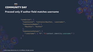 © 2018, Amazon Web Services, Inc. or its Affiliates. All rights reserved.
"condition": {
"expression": “contains(#author, :username)",
"expressionNames": {
"#author": "Author"
},
"expressionValues": {
“:username": { "S": "${context.identity.username}" }
}
}
Proceed only if author field matches username
 