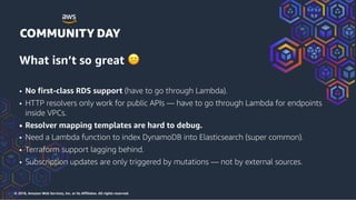 © 2018, Amazon Web Services, Inc. or its Affiliates. All rights reserved.
What isn’t so great 😕
• No first-class RDS support (have to go through Lambda).
• HTTP resolvers only work for public APIs — have to go through Lambda for endpoints
inside VPCs.
• Resolver mapping templates are hard to debug.
• Need a Lambda function to index DynamoDB into Elasticsearch (super common).
• Terraform support lagging behind.
• Subscription updates are only triggered by mutations — not by external sources.
 