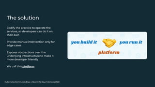 Kubernetes Community Days x OpenInfra Days Indonesia 2022
The solution
Codify the practice to operate the
services, so developers can do it on
their own
Provide manual intervention only for
edge cases
Exposes abstractions over the
underlying infrastructure to make it
more developer friendly
We call this platform
 