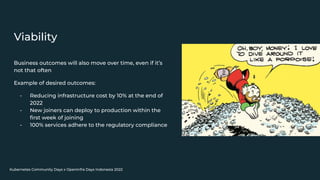 Kubernetes Community Days x OpenInfra Days Indonesia 2022
Viability
Business outcomes will also move over time, even if it’s
not that often
Example of desired outcomes:
- Reducing infrastructure cost by 10% at the end of
2022
- New joiners can deploy to production within the
ﬁrst week of joining
- 100% services adhere to the regulatory compliance
 