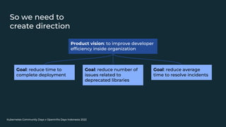 Kubernetes Community Days x OpenInfra Days Indonesia 2022
So we need to
create direction
Product vision: to improve developer
efﬁciency inside organization
Goal: reduce time to
complete deployment
Goal: reduce number of
issues related to
deprecated libraries
Goal: reduce average
time to resolve incidents
 