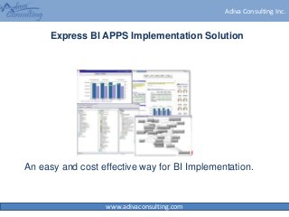 www.adivaconsulting.com
Adiva Consulting Inc.
Express BI APPS Implementation Solution
An easy and cost effective way for BI Implementation.
 