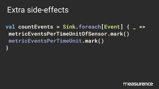 Extra side-effects
val countEvents = Sink.foreach[Event] { _ =>
metricEventsPerTimeUnitOfSensor.mark()
metricEventsPerTimeUnit.mark()
}
 