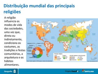 A religião
influencia os
modos de vida
das sociedades,
uma vez que,
direta ou
indiretamente,
condiciona os
costumes, as
tradições e festas
comunitárias, a
arquitetura e os
hábitos
alimentares.
Distribuição mundial das principais
religiões
 