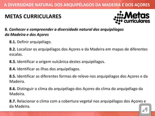 A DIVERSIDADE NATURAL DOS ARQUIPÉLAGOS DA MADEIRA E DOS AÇORES
8. Conhecer e compreender a diversidade natural dos arquipélagos
da Madeira e dos Açores
8.1. Definir arquipélago.
8.2. Localizar os arquipélagos dos Açores e da Madeira em mapas de diferentes
escalas.
8.3. Identificar a origem vulcânica destes arquipélagos.
8.4. Identificar as ilhas dos arquipélagos.
8.5. Identificar as diferentes formas de relevo nos arquipélagos dos Açores e da
Madeira.
8.6. Distinguir o clima do arquipélago dos Açores do clima do arquipélago da
Madeira.
8.7. Relacionar o clima com a cobertura vegetal nos arquipélagos dos Açores e
da Madeira.
METAS CURRICULARES
 