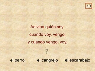 el perro el cangrejo el escarabajo
Adivina quién soy:
cuando voy, vengo,
y cuando vengo, voy.
10
 