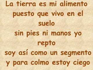 17 La tierra es mi alimento puesto que vivo en el suelo sin pies ni manos yo repto soy así como un segmento  y para colmo estoy ciego 