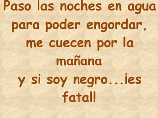 23 Paso las noches en agua para poder engordar, me cuecen por la mañana y si soy negro...¡es fatal! 