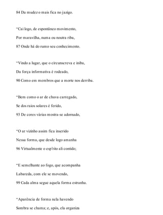 84 Da mudez o mais fica no jazigo. 
“Cai logo, de espontâneo movimento, 
Por maravilha, numa ou noutra riba, 
87 Onde há do rumo seu conhecimento. 
“Vindo a lugar, que o circunscreva e iniba, 
Da força informativa é rodeado, 
90 Como em membros que a morte nos derriba. 
“Bem como o ar de chuva carregado, 
Se dos raios solares é ferido, 
93 De cores várias mostra-se adornado, 
“O ar vizinho assim fica inserido 
Nessa forma, que desde logo amanha 
96 Virtualmente o esp’rito ali contido; 
“E semelhante ao fogo, que acompanha 
Labareda, com ele se movendo, 
99 Cada alma segue aquela forma estranha. 
“Aparência de forma nela havendo 
Sombra se chama; e, após, ela organiza 
 