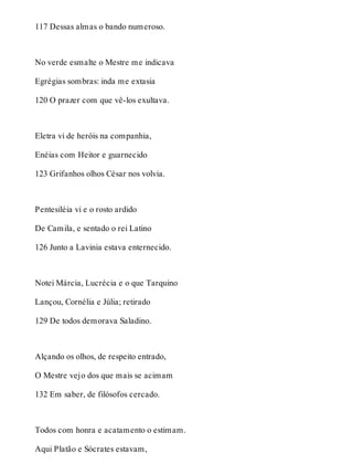 117 Dessas almas o bando numeroso. 
No verde esmalte o Mestre me indicava 
Egrégias sombras: inda me extasia 
120 O prazer com que vê-los exultava. 
Eletra vi de heróis na companhia, 
Enéias com Heitor e guarnecido 
123 Grifanhos olhos César nos volvia. 
Pentesiléia vi e o rosto ardido 
De Camila, e sentado o rei Latino 
126 Junto a Lavinia estava enternecido. 
Notei Márcia, Lucrécia e o que Tarquino 
Lançou, Cornélia e Júlia; retirado 
129 De todos demorava Saladino. 
Alçando os olhos, de respeito entrado, 
O Mestre vejo dos que mais se acimam 
132 Em saber, de filósofos cercado. 
Todos com honra e acatamento o estimam. 
Aqui Platão e Sócrates estavam, 
 