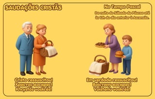 SAUDAÇÕES CRISTÃS
SAUDAÇÕES CRISTÃS
SAUDAÇÕES CRISTÃS No Tempo Pascal
No Tempo Pascal
No Tempo Pascal
Cristo ressuscitou!
Cristo ressuscitou!
Христос воскрес!
Христос воскрес!
Khrystós voskrés!
Khrystós voskrés!
Cristo ressuscitou!
Христос воскрес!
Khrystós voskrés!
Em verdade ressuscitou!
Em verdade ressuscitou!
Воістину воскрес!
Воістину воскрес!
Voístenu voskrés!
Voístenu voskrés!
Em verdade ressuscitou!
Воістину воскрес!
Voístenu voskrés!
Da noite do Sábado de Páscoa até
Da noite do Sábado de Páscoa até
às 12h do dia anterior à Ascensão.
às 12h do dia anterior à Ascensão.
Da noite do Sábado de Páscoa até
às 12h do dia anterior à Ascensão.
 