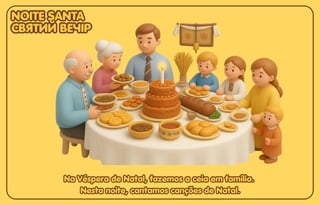 Na Véspera de Natal, fazemos a ceia em família.
Na Véspera de Natal, fazemos a ceia em família.
Nesta noite, cantamos canções de Natal.
Nesta noite, cantamos canções de Natal.
Na Véspera de Natal, fazemos a ceia em família.
Nesta noite, cantamos canções de Natal.
NOITE SANTA
NOITE SANTA
СВЯТИЙ ВЕЧІР
СВЯТИЙ ВЕЧІР
NOITE SANTA
СВЯТИЙ ВЕЧІР
 