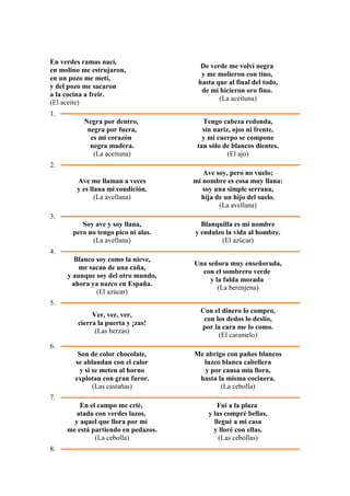 En verdes ramas nací,
                                       De verde me volví negra
en molino me estrujaron,
                                       y me molieron con tino,
en un pozo me metí,
                                      hasta que al final del todo,
y del pozo me sacaron
                                       de mí hicieron oro fino.
a la cocina a freír.
                                             (La aceituna)
(El aceite)
1.
          Negra por dentro,             Tengo cabeza redonda,
           negra por fuera,             sin nariz, ojos ni frente,
            es mi corazón               y mi cuerpo se compone
            negra madera.             tan sólo de blancos dientes.
             (La aceituna)                       (El ajo)
2.
                                        Ave soy, pero no vuelo;
        Ave me llaman a veces        mi nombre es cosa muy llana:
        y es llana mi condición.        soy una simple serrana,
               (La avellana)           hija de un hijo del suelo.
                                             (La avellana)
3.
          Soy ave y soy llana,         Blanquilla es mi nombre
       pero no tengo pico ni alas.   y endulzo la vida al hombre.
             (La avellana)                   (El azúcar)
4.
       Blanco soy como la nieve,
                                     Una señora muy enseñorada,
         me sacan de una caña,
                                       con el sombrero verde
     y aunque soy del otro mundo,
                                          y la falda morada
       ahora ya nazco en España.
                                             (La berenjena)
              (El azúcar)
5.
                                       Con el dinero lo compro,
             Ver, ver, ver,
                                        con los dedos lo deslío,
        cierra la puerta y ¡zas!
                                       por la cara me lo como.
              (Las berzas)
                                             (El caramelo)
6.
        Son de color chocolate,      Me abrigo con paños blancos
       se ablandan con el calor        luzco blanca cabellera
         y si se meten al horno         y por causa mía llora,
       explotan con gran furor.       hasta la misma cocinera.
              (Las castañas)                 (La cebolla)
7.
         En el campo me crié,               Fui a la plaza
       atada con verdes lazos,           y las compré bellas,
       y aquel que llora por mí            llegué a mi casa
     me está partiendo en pedazos.         y lloré con ellas.
              (La cebolla)                   (Las cebollas)
8.
 