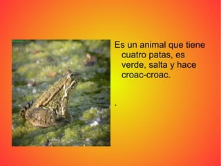 Es un animal que tiene
cuatro patas, es
verde, salta y hace
croac-croac.
.
 