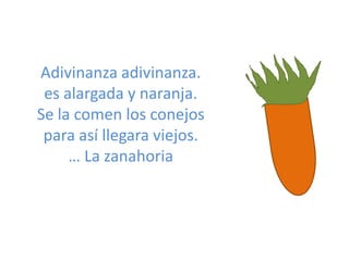 Adivinanza adivinanza.
 es alargada y naranja.
Se la comen los conejos
 para así llegara viejos.
     … La zanahoria
 