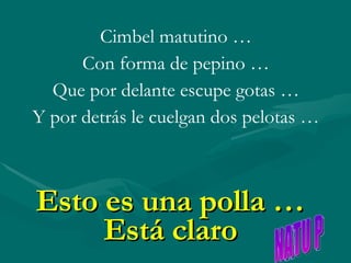 Esto es una polla … Está claro Cimbel matutino … Con forma de pepino … Que por delante escupe gotas … Y por detrás le cuelgan dos pelotas … NATU P