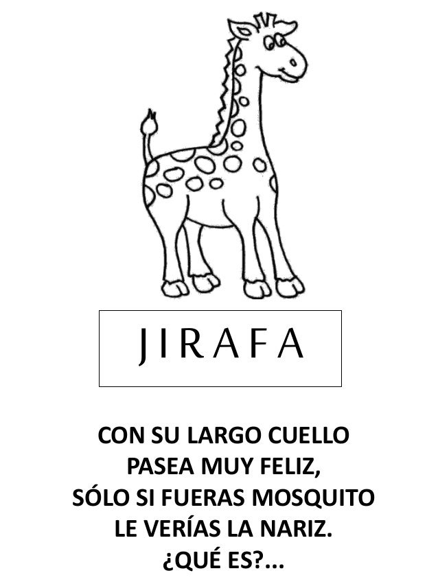 CON SU LARGO CUELLO
PASEA MUY FELIZ,
SÓLO SI FUERAS MOSQUITO
LE VERÍAS LA NARIZ.
¿QUÉ ES?...
J I R A F A
 