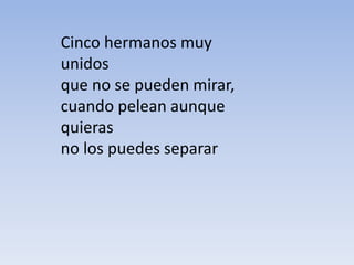 Cinco hermanos muy
unidos
que no se pueden mirar,
cuando pelean aunque
quieras
no los puedes separar
 