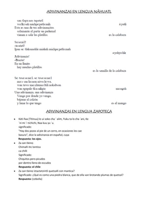ADIVINANZAS EN LENGUA NÁHUATL




                       ADIVINANZAS EN LENGUA ZAPOTECA

Káti ñaa (Titinuu) Io ui soko cha ´ alim, Yuku ta lo cha ´ani, Ke
´ni mi ´i tichichi, Naa kuu yu ´u.
significado:
"Hay dos pozos al pie de un cerro, en ocasiones les cae
basura", dice la adivinanza en español, cuya
Respuesta: los ojos.
Za zan tleino
Chimalli itic tentica
ca chilli
Significado:
Chiquitos pero picudos
por dentro lleno de escudos
Respuesta: el chile
Za zan tleino Iztactetzintli quetzalli con mantica?
Significado: ¿Qué es como una piedra blanca, que de ella van brotando plumas de quetzal?
Respuesta: (cebolla)
 