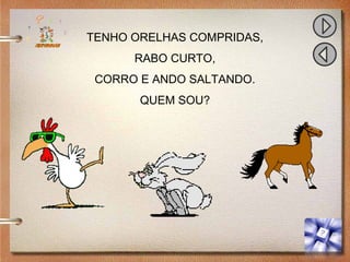 TENHO ORELHAS COMPRIDAS,
RABO CURTO,
CORRO E ANDO SALTANDO.
QUEM SOU?
 