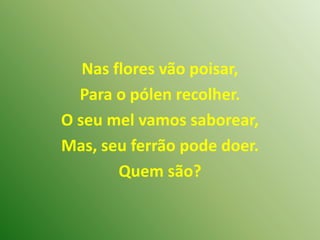 Nas flores vão poisar,Para o pólen recolher.O seu mel vamos saborear,Mas, seu ferrão pode doer.Quem são? 