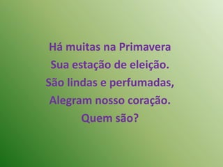 Há muitas na PrimaveraSua estação de eleição.São lindas e perfumadas,Alegram nosso coração.Quem são?