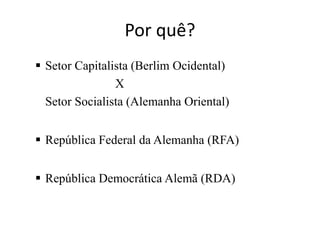 Por quê?
 Setor Capitalista (Berlim Ocidental)
X
Setor Socialista (Alemanha Oriental)
 República Federal da Alemanha (RFA)
 República Democrática Alemã (RDA)
 