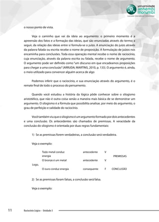 11 Raciocínio Lógico - Unidade 3
o nosso ponto de vista.
Veja o caminho que vai da ideia ao argumento: o primeiro momento é a
apreensão dos fatos e a formação das ideias, que são enunciadas através do termo; a
seguir, da relação das ideias entre si formula-se o juízo. A enunciação do juízo através
da palavra falada ou escrita recebe o nome de proposição. A formulação de juízos nos
encaminha para conclusões. Toda essa operação mental recebe o nome de raciocínio,
cuja enunciação, através da palavra escrita ou falada, recebe o nome de argumento.
O argumento pode ser definido como “um discurso em que encadeamos proposições
para chegar a uma conclusão”(ARRUDA; MARTINS, 2010, p. 133). O argumento é, ainda,
o meio utilizado para convencer alguém acerca de algo
Podemos inferir que o raciocínio, e sua enunciação através do argumento, é o
remate final de todo o processo do pensamento.
Quando você estudou a história da lógica pôde conhecer sobre o silogismo
aristotélico, que não é outra coisa senão a maneira mais básica de se demonstrar um
argumento. O silogismo é a fórmula que possibilita analisar, por meio do argumento, o
grau de perfeição e validade do raciocínio.
Vocêtambémviuqueosilogismoéumargumentoformadopordoisantecedentes
e uma conclusão. Os antecedentes são chamados de premissas. A veracidade da
conclusão do silogismo é orientada por duas regras fundamentais:
1)	 Se as premissas forem verdadeiras, a conclusão será verdadeira.
Veja o exemplo:
Todo metal conduz
energia
antecedente V
PREMISSAS
O bronze é um metal antecedente V
Logo,
O ouro conduz energia consequente F CONCLUSÃO
2)	 Se as premissas foram falsas, a conclusão será falsa.
Veja o exemplo:
 